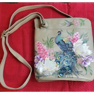 Anuschka Hand Painted Leather Handbag with Peacock & Flowers Crossbody Pebbled